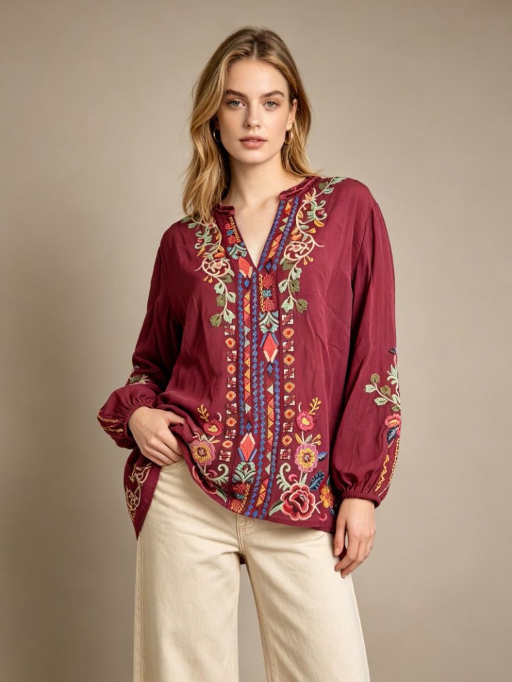 NWOT JOHNNY WAS Eilona Paris Embroidered Long Sleeve Silk SHIRT Blouse Sz S
